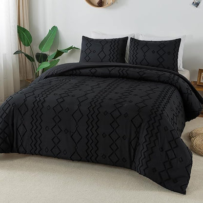 Andency Black Tufted Comforter Set King(104x90Inch), 3 Pieces(1 Tufts Comforter, 2 Pillowcases) Boho Textured Farmhouse Bed Set, Microfiber Down Alternative Geometric Bedding