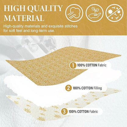 SahSahCasa Quilt Set Queen Size, 100% Cotton Quilt Bedding Set Bedspread, Botanical Pattern Solid Color Chic Lightweight Quilted Comforter for Queen Bed, Mustard Yellow, All Season, 3 Pieces