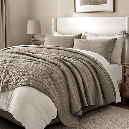 EVERGRACEHOME 100% Cotton Modern Lines Quilt Set King Size, Pre-Washed Soft Striped Coverlet Bedspread, 3 Piece Lightweight Bedding Set for All Season, with 2 Pillow Shams, Stone Taupe