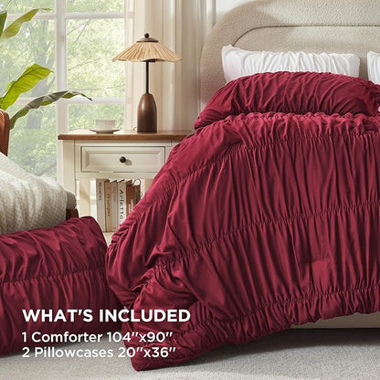 Andency Ruched Burgundy King Size Comforter Set, Shabby Chic Pleated Bedding Sets 3 Pieces, Lightweight Soft Boho Ruffle Bed Set for Girls, Kids, Women, All Season