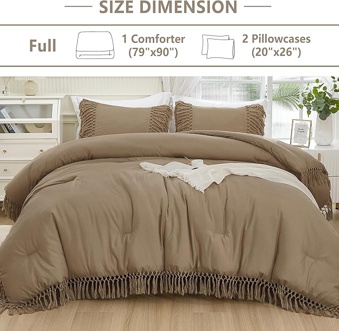Andency Taupe Full Size Comforter Set, 3 Pieces Boho Tassel Lightweight Soft Bedding Comforter Sets, All Season Fluffy Fringe Bed Set (79x90In Comforter & 2 Pillowcases)