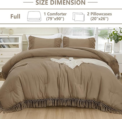 Andency Taupe Full Size Comforter Set, 3 Pieces Boho Tassel Lightweight Soft Bedding Comforter Sets, All Season Fluffy Fringe Bed Set (79x90In Comforter & 2 Pillowcases)