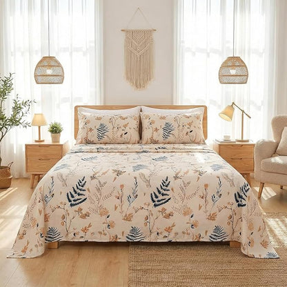 JSD Boho Floral Printed Sheet Set Cal King, 4 Piece, Soft Botanical Pattern Microfiber Sheets Extra Deep Pocket