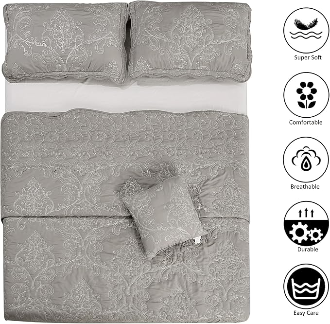 Home Soft Things Damask 4 Piece Bedspread Set, Scalloped Edge Reversible Coverlet Comforter Prewashed Bedding Set, Matelasse Embossed Floral Solid Pattern,Ash Gray Oversize King(120" x 120")