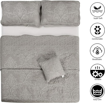 Home Soft Things Damask 4 Piece Bedspread Set, Scalloped Edge Reversible Coverlet Comforter Prewashed Bedding Set, Matelasse Embossed Floral Solid Pattern,Ash Gray Oversize King(120" x 120")
