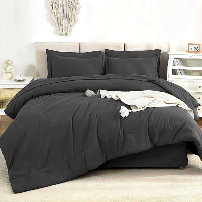 Litanika Comforter Queen Size Set Dark Grey - 7 Pieces Bed in a Bag Queen Bedding Comforter Sets, Plain Lightweight Bed Set with Comforter, Sheets, Pillowcases & Shams