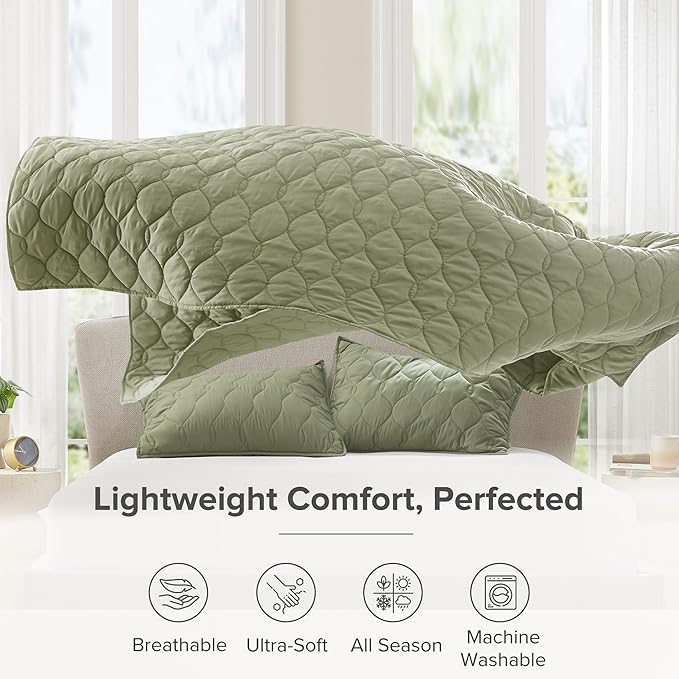 Comfort Spaces Queen Quilt Set Modern Reversible Ogee Coverlet Queen Bedding Set Cozy Quilted Winter Layer, All Season Lightweight Soft Queen Size Quilt, Kienna, Full/Queen Olive Green 3 Piece