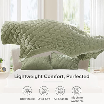 Comfort Spaces Queen Quilt Set Modern Reversible Ogee Coverlet Queen Bedding Set Cozy Quilted Winter Layer, All Season Lightweight Soft Queen Size Quilt, Kienna, Full/Queen Olive Green 3 Piece