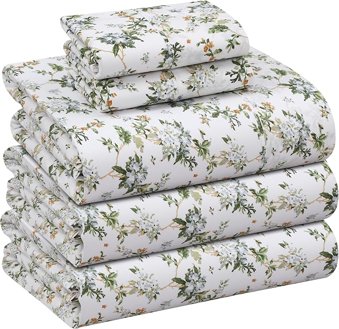 RUVANTI 100% Cotton Sheets – Split King Size Percale Bedding, Cooling & Breathable Floral Design, Durable with a Crisp, Soft & Comfortable Feel, 16" Deep Pocket, 5-Piece Set, Heritage