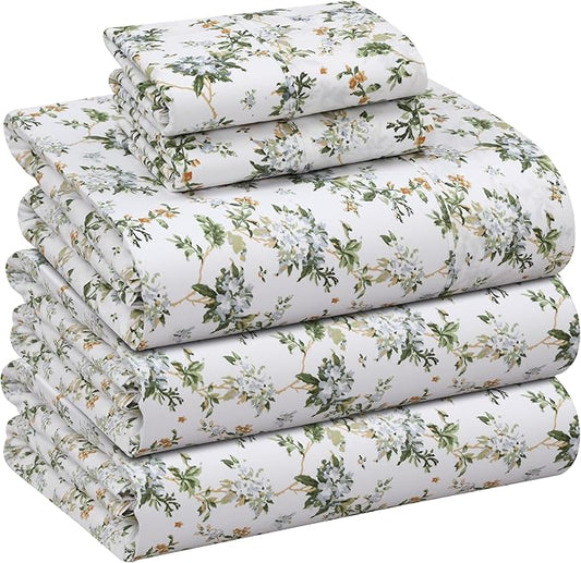 RUVANTI 100% Cotton Sheets – Split King Size Percale Bedding, Cooling & Breathable Floral Design, Durable with a Crisp, Soft & Comfortable Feel, 16" Deep Pocket, 5-Piece Set, Heritage