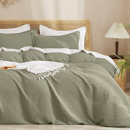 PHF Waffle Duvet Cover Set Queen Size, No Snagging Ultra Soft Luxury Textured Breathable Comforter Cover for All Season 3pcs, Durable Bedding Duvet Set with 2 Pillow Shams, 90"x90", Dusty Sage