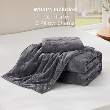Bedsure Velvet Fleece Comforter Set King, Dark Grey Lightweight Quilted Bedding Set, Soft Warm Blanket for All Season, 3 Pieces, 1 Comforter (104" x 90") and 2 Pillow Shams (20" x 36")