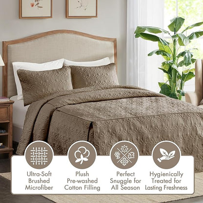 Madison Park Quebec Split Corner Quilted Bedspread Classic Traditional Design All Season, Lightweight, Bedding Set, Matching Shams, King, Damask Quilted Khaki 3 Piece