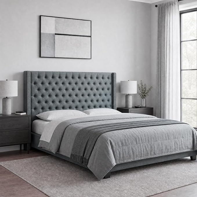 Madison Park King Wingback Upholstered Tufted Headboard, Featuring High-Density Sponge Padding, Adjustable Height Headboard, Easy Assembly, Dark Grey Woven