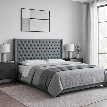 Madison Park Queen Wingback Upholstered Tufted Headboard, Featuring High-Density Sponge Padding, Adjustable Height Headboard, Easy Assembly, Dark Grey Woven