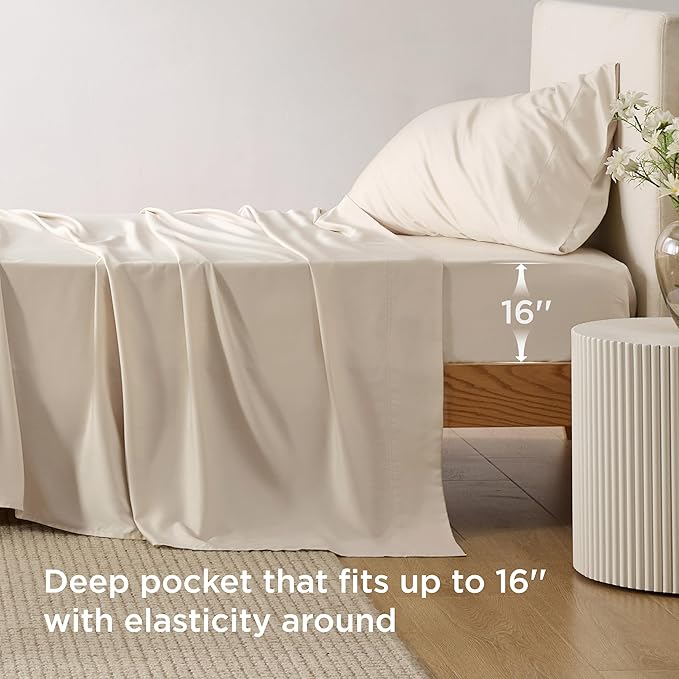 Bedsure Cooling Sheets Twin XL, Rayon Derived from Bamboo, PureWoven, Breathable & Soft Twin XL Sheet Sets, Deep Pocket Up to 16 Inches, Hotel Luxury Silky Dorm Bedding for Hot Sleepers, Light Beige