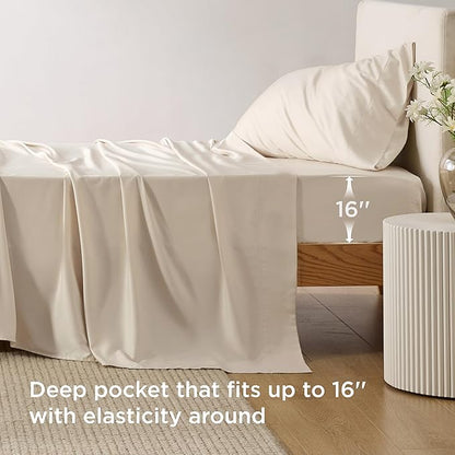 Bedsure Cooling Sheets Twin XL, Rayon Derived from Bamboo, PureWoven, Breathable & Soft Twin XL Sheet Sets, Deep Pocket Up to 16 Inches, Hotel Luxury Silky Dorm Bedding for Hot Sleepers, Light Beige