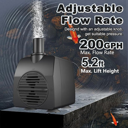 SongLong Submersible Pump 200GPH 5.2ft. High Lift for Fountains | with Over Heating Protection, Perfect for Hydroponics, Small Ponds, Aquariums, Fish Tank & More