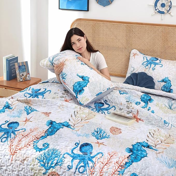 weigelia Coastal Quilts Bedding Set Queen Size - Summer Nautical Bedding Quilt with Pillow Cases, Beach Reversible Quilt Set Ocean Blue Seahorse Bedspreads Coverlet Soft Lightweight Comforter