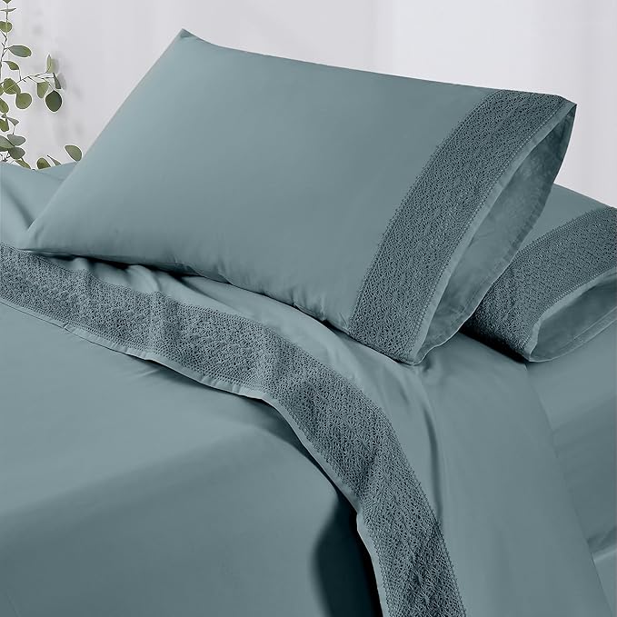 Modern Threads 4 Piece Microfiber Sheet Set – Soft Cooling Bed Sheets with Crochet Lace – Deep Pocket, Wrinkle Free, Breathable, Hotel Luxury Bedding, Slate Teal, Full