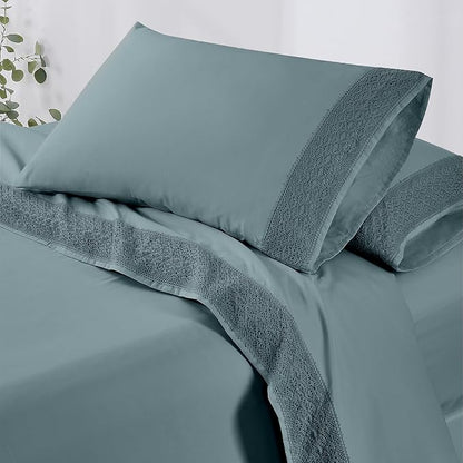 Modern Threads 4 Piece Microfiber Sheet Set – Soft Cooling Bed Sheets with Crochet Lace – Deep Pocket, Wrinkle Free, Breathable, Hotel Luxury Bedding, Slate Teal, King