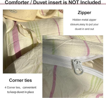 EAVD Retro Striped Duvet Cover King Size Soft 100% Cotton Green Purple Verical Striped Bedding Set with 2 Pillowcases Reversible Farmhouse Geometric Duvet Cover with Zipper Closure