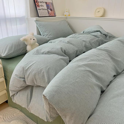 mixinni Green Striped Duvet Cover Twin Size - 100% Washed Cotton Pinstripe Comforter Cover with Zipper Closure, Lightweight & Breathable, 3 Pieces Minimalist Stripes Pattern Printed Bedding Set