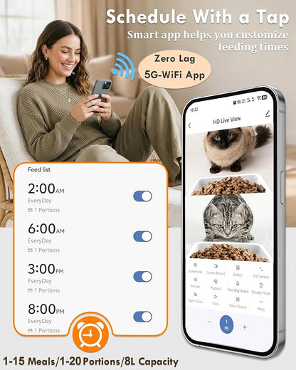Yakry Automatic Cat Feeder for 2 Cats with Dual Bowls & Two HD Cameras | Easy Setup 5GHz Stable WiFi APP Control Cat Food Dispenser with IR Night Vision - 8L Pet Feeder for Multi-Cat & Small Dogs