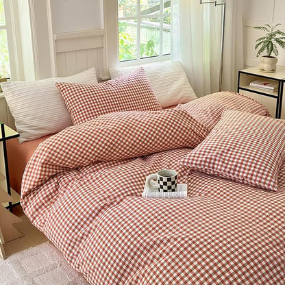 LifeTB Queen Comforter Set Modern Style Red Orange Gingham Comforter Lightweight Plaid Checkered Pattern Comforter Soft Fluffy Gingham Bedding Set Farmhouse Grid Plaid Comforter Set Queen