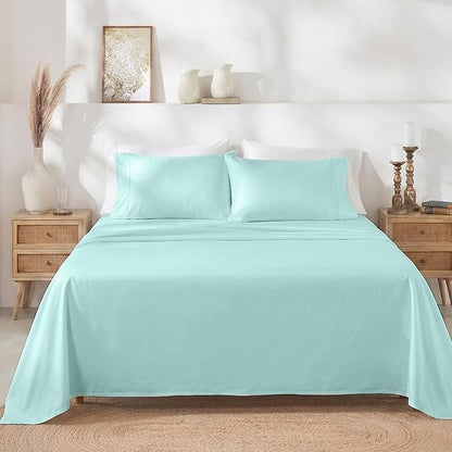 California Design Den Natural 100% Cotton Sheets, Soft Queen Sheet Set, 400 Thread Count Sateen, Deep Pockets with All-Around Elastic for a Snug Fit, Durable Bedding Set - Seafoam