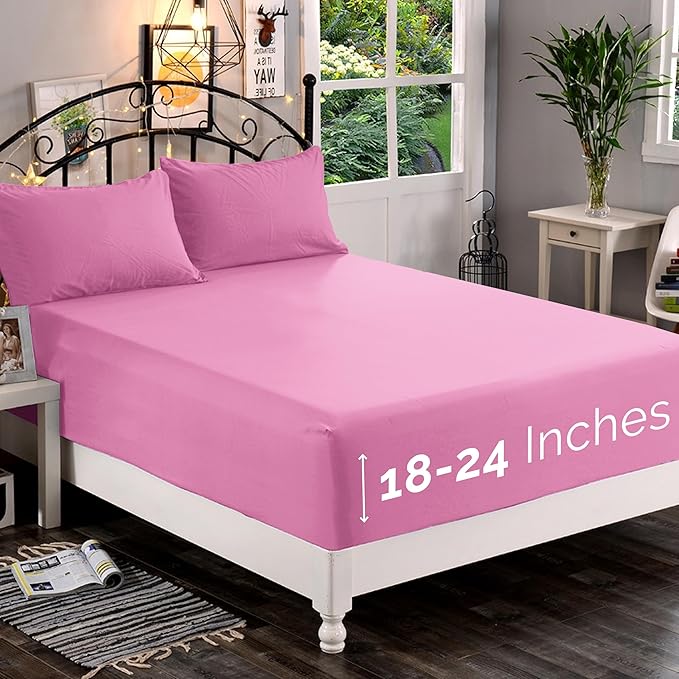 Elegant Comfort 1500 Premium Quality Fitted Sheet Ultra Soft 18-24 Inch Extra Deep Pocket - Single Fitted Sheet for High Mattress - Wrinkle Free with Smart Storage Pockets, Full, Light Pink
