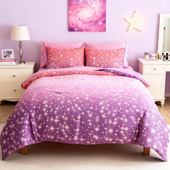 Twin Comforter Set for Girls, Kids - 5 Pieces Purple Galaxy Patterns Twin Bedding Sets for Girls Boys Teen, Soft Cozy Bed in A Bag with Sheets