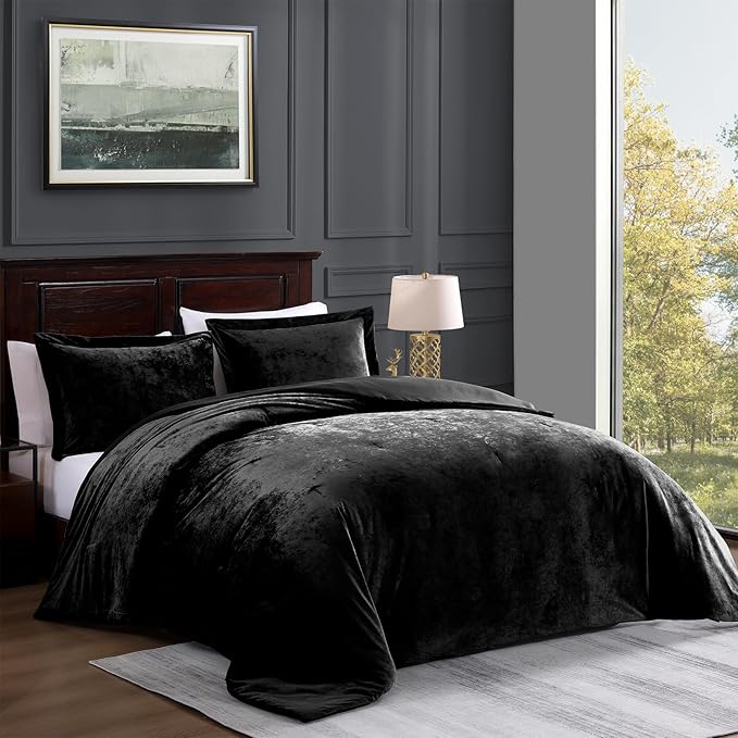 TAMGHO Crushed Velvet Comforter King, Black King Size Bedding for All Seasons, Luxury Soft 3pc Bed Set, 1 King Comforter (108"x96") and 2 King Pillow Shams (20"x36")