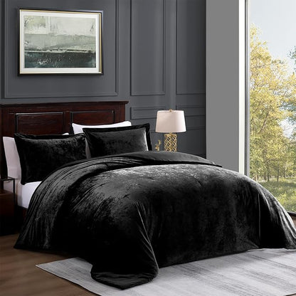 TAMGHO Crushed Velvet Comforter King, Black King Size Bedding for All Seasons, Luxury Soft 3pc Bed Set, 1 King Comforter (108"x96") and 2 King Pillow Shams (20"x36")