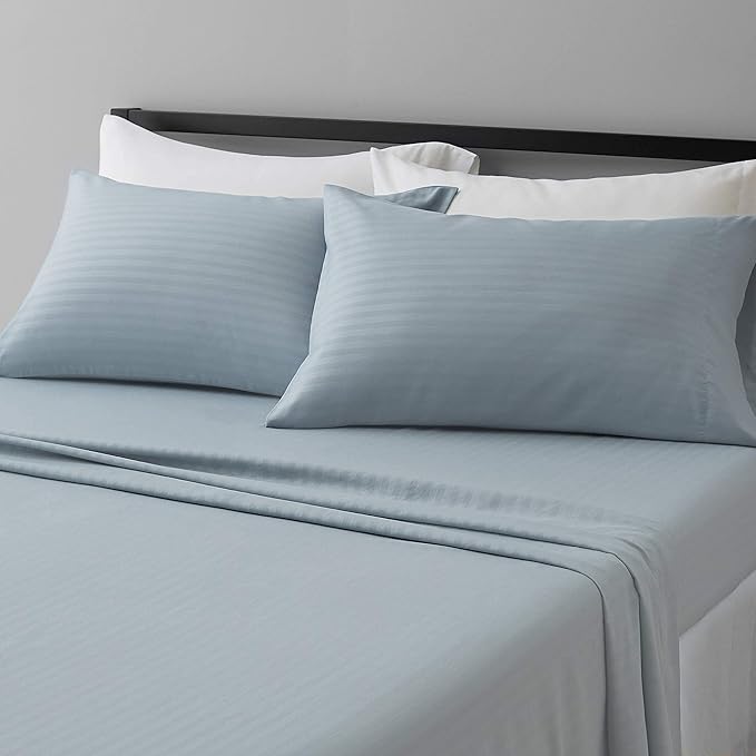 Amazon Basics Soft, Breathable, Wrinkle-Free Brushed Microfiber 4-Piece Bed Sheet Set, Machine Washable, Queen Size, Spa Blue Striped