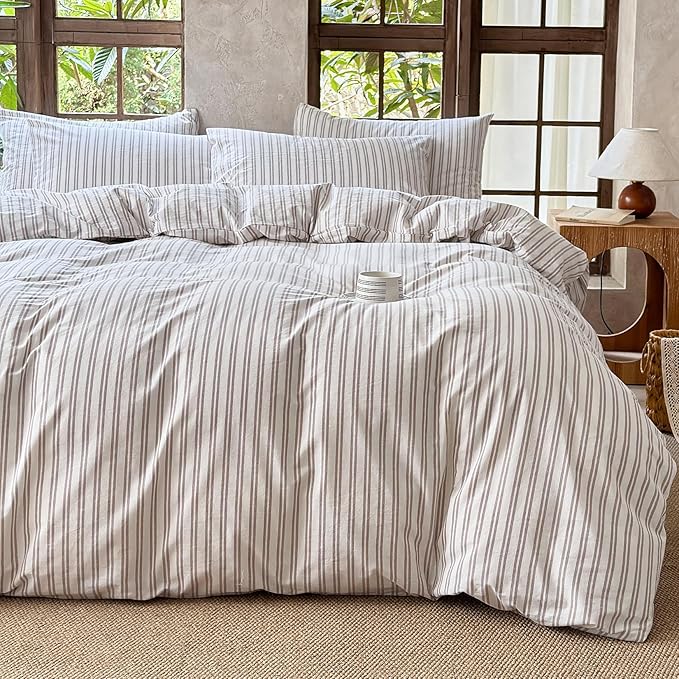 Striped Duvet Cover Set 100% Washed Cotton Linen Like Soft Feelling Breathable Bedding(Light Yellow/White Strip,Queen)