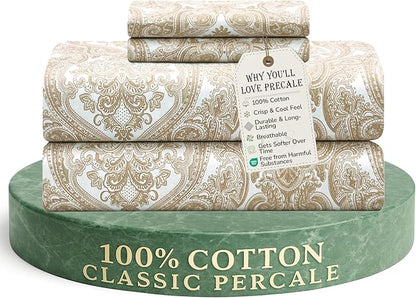 Feather & Stitch Softest 100% Cotton Sheets, 300 Thread Count Percale Weave Bedding, 16" Deep Pocket, Cooling Sheets, Breathable Bed Set, Hotel Premium Quality (Queen, Ivory Paisley)