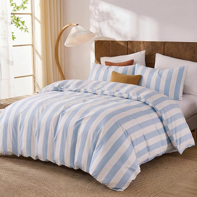 Merryword Blue and White Striped Duvet Cover Set Queen Size, 100% Cotton Bedding Set with Zipper Closure & 8 Corner Ties, Luxury Linen Like Bedding, Soft Breathable Comforter Cover for All Seasons