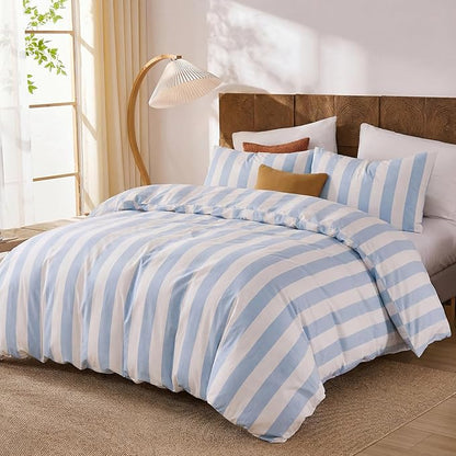 Merryword Blue and White Striped Duvet Cover Set Queen Size, 100% Cotton Bedding Set with Zipper Closure & 8 Corner Ties, Luxury Linen Like Bedding, Soft Breathable Comforter Cover for All Seasons