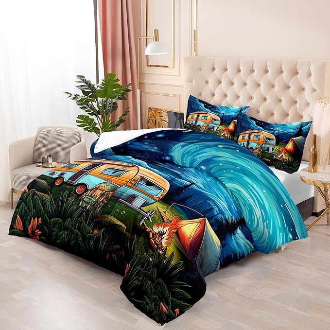 Short Full Quilt Bedding Set for RV Camper - Camping Theme Comforter Set, Vintage Rustic Farmhouse Boho Travel-Inspired Design