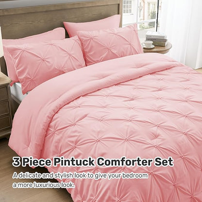 UNIKOME King Size Comforter Set Pink - Ultra Soft Boho Pintuck Down Alternative Bedding Set for All Seasons, 3 Pieces Lightweight Warm Pinch Pleat Bed Set with Comforter, 2 Pillowcases