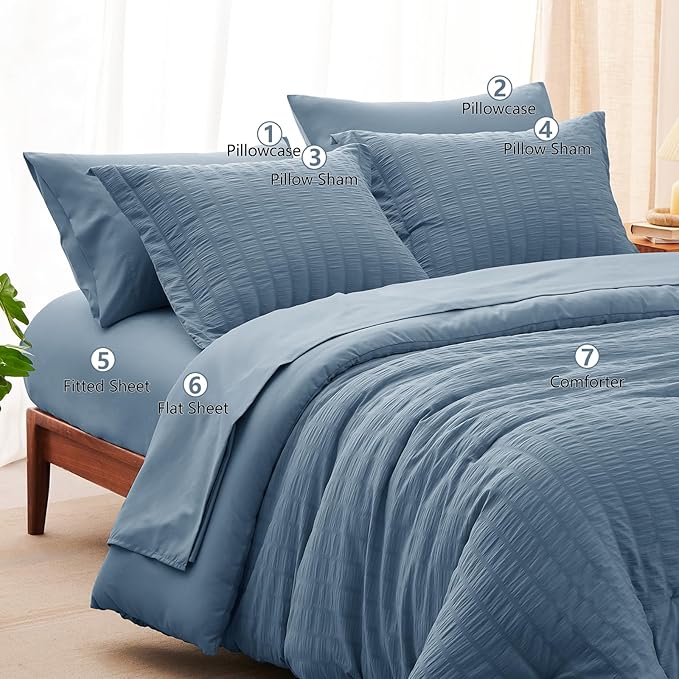 CozyLux Full Size Comforter Sets with Sheets 7 Pieces, Grayish Blue Seersucker Bed in a Bag Textured Luxury Soft Dusty Blue Bedding Sets with Down Alternative Comforter, Sheets, Pillowcases & Shams