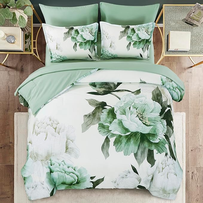 Dobuyly Green Comforter Set King Size 7 Piece Bed in a Bag King, Sage Green Floral Printed Comforter Set with Sheets, Soft Microfiber Botanical Flower Complete Bedding Set for All Season