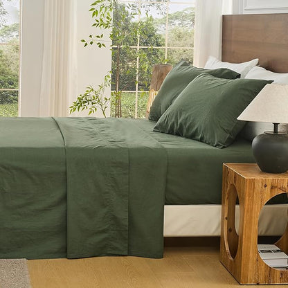 Bedlifes 100% French Linen Sheets Queen Size 18-24”Extra Deep Pocket 4-Piece Set Breathable & Moisture-Wicking,Soft & Durable Sheets for Thick Mattresses(Forest Green)