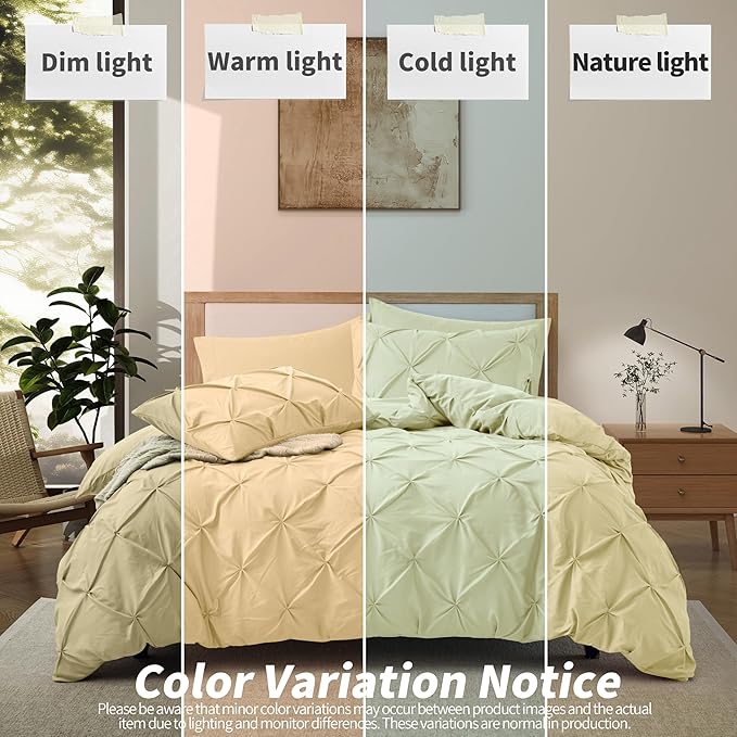 VACVELT 5 Piece Pinch Pleated Duvet Cover King Size Set, Beige Pintuck Duvet Cover with Zipper & 8 Ties, Shabby Chic Microfiber + 2 Pillow Shams + 2 Pillowcases, No Comforter
