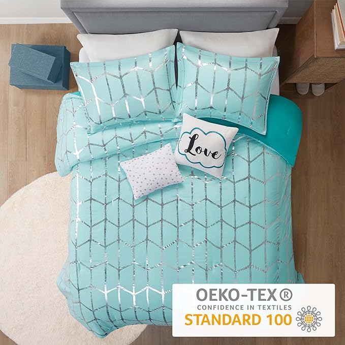 Intelligent Design Raina Twin / Twin XL Comforter Set, Soft Microfiber Comforter Set Twin, Modern Geometric Metallic Bed Set, 4 Pieces College Bedding Comforter Set with 1 Sham, 2 Toss Pillows Aqua
