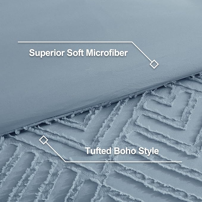 Litanika Grayish Blue Queen Comforter Set, 3 Pieces Tufted Boho Farmhouse Bedding Comforter Sets, Lightweight Fluffy Comforter Bed Set for All Season (90x90In Comforter and 2 Pillowcases)