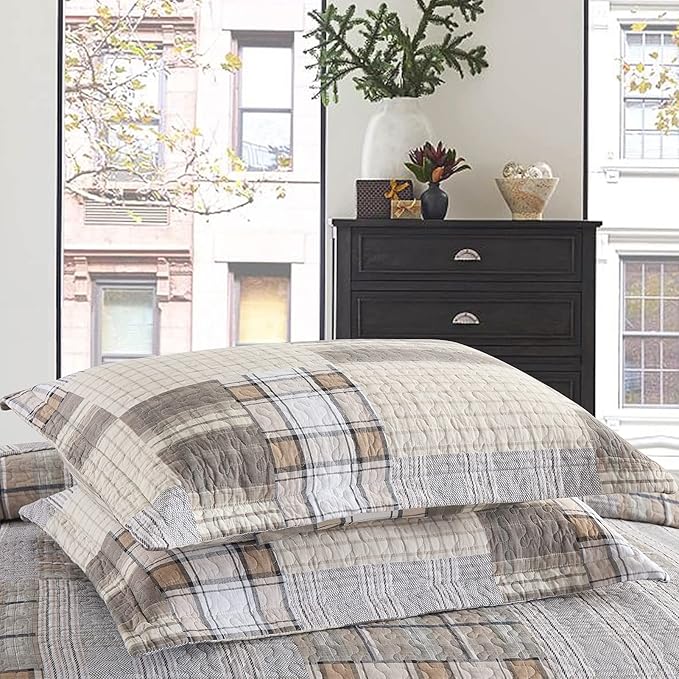 PANGUSHAN Quilts Sets Queen Size,100% Cotton Queen Quilted Bedspreads Bedding Set,Patchwork Plaid Quilt for Queen Bed,Tan/Grey Farmhouse Rustic Bed Spread,Reversible Lightweight Comforter,3-Piece