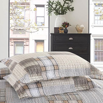 PANGUSHAN Quilts Sets Queen Size,100% Cotton Queen Quilted Bedspreads Bedding Set,Patchwork Plaid Quilt for Queen Bed,Tan/Grey Farmhouse Rustic Bed Spread,Reversible Lightweight Comforter,3-Piece