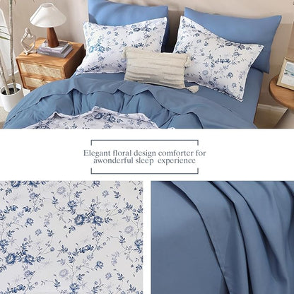 Luxudecor Floral King Comforter Set 7 Pieces Bed in a Bag, Blue Rose Romantic Flower Bed Set, Soft Reversible Comforter with Sheet Set 104"x90"